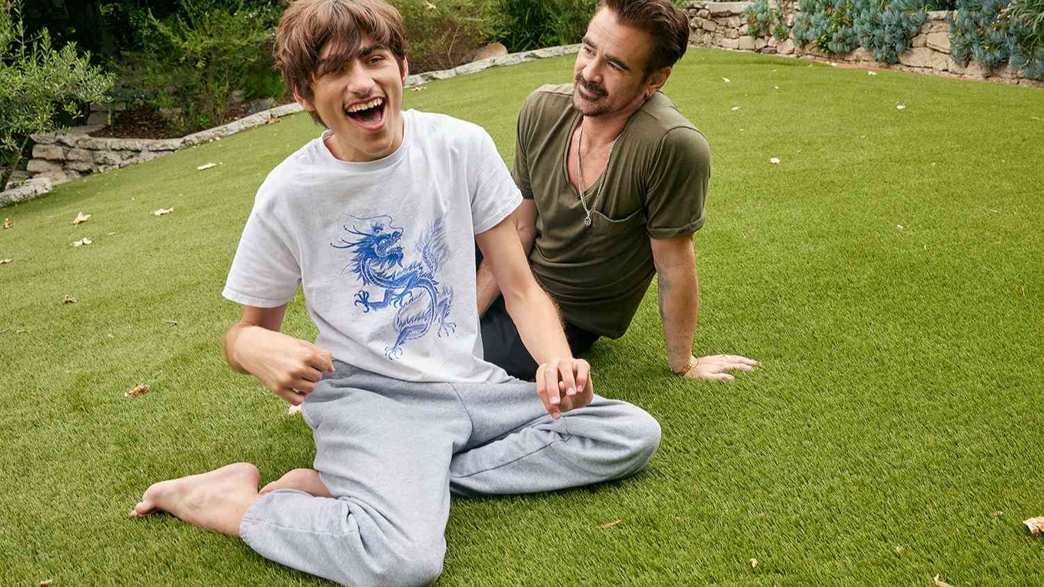 Colin Farrell with his son James, playing catch in the backyard.